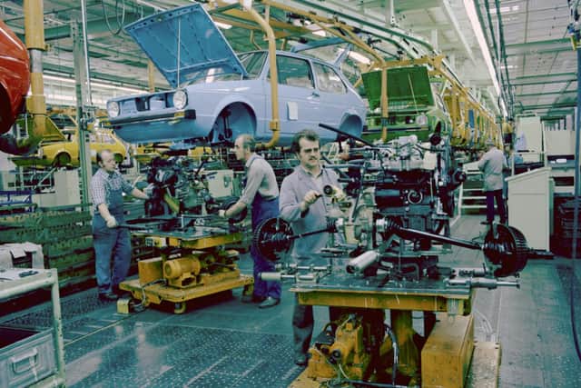 Volkswagen Golf cars on production in bygone years.