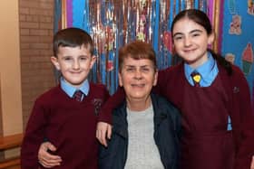 Jean Rodgers with her grandchildren Daithi and Aoibh in 2024