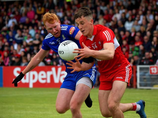 Shane McGuigan saw his fierce second half shot saved by Galway keeper Conor Gleeson.  Photo: George Sweeney
