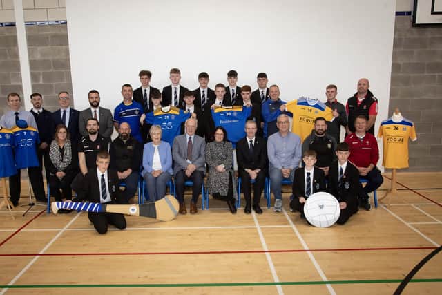 GAA PARTICIPATION & PERFORMANCE HUB LAUNCH. . . . .Sponsors, teaching staff and students pictured at the launch of the GAA Participation and Performance Hub at St. Columb's College, Derry on Friday afternoon last.