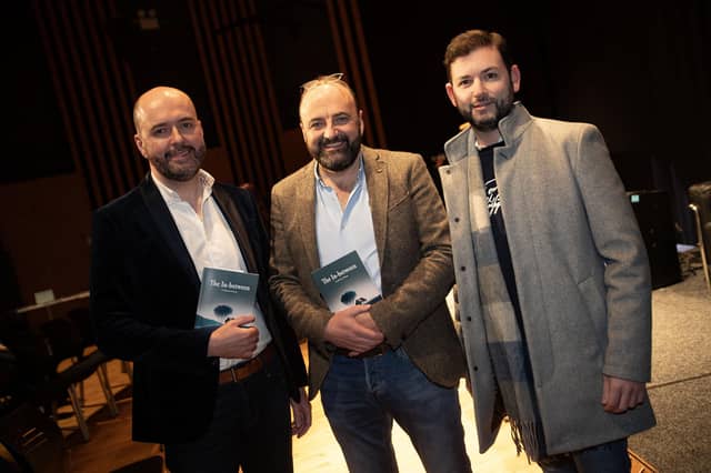 Poet Feargal pictured with Pol O'Frighil and Ryan Donaghy on Thursday night.
