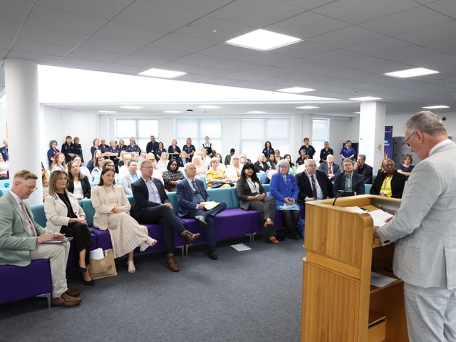 Health Minister, Mike Nesbitt addressing staff and dignitaries at the Official Launch of the New Nursing Competence Test Centre located at Foyle House in Derry.