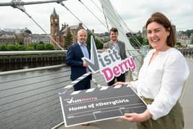 Jennifer O’Donnell, Tourism Manager at Derry City & Strabane District Council, Odhran Dunne, Chief Executive at Visit Derry and David Gilliland, managing partner at Brook Hall Estate.  Picture Martin McKeown. 16.06.26