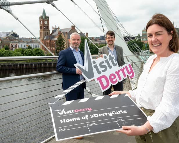 Jennifer O’Donnell, Tourism Manager at Derry City & Strabane District Council, Odhran Dunne, Chief Executive at Visit Derry and David Gilliland, managing partner at Brook Hall Estate.  Picture Martin McKeown. 16.06.26