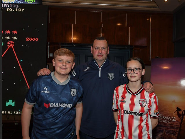 Derry City fans pictured at the Brunswick Moviebowl ahead of the live screening of the candystripes’ Europe Conference League away to FCB Magpies on Thursday evening. Photo: George Sweeney