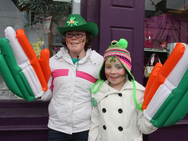 TRUE COLOURS!. . . .Sisters Jennifer and Clare Doherty from Coolcross, Clonmany at the Buncrana St. Patrick's Day Parade. 1903JM63