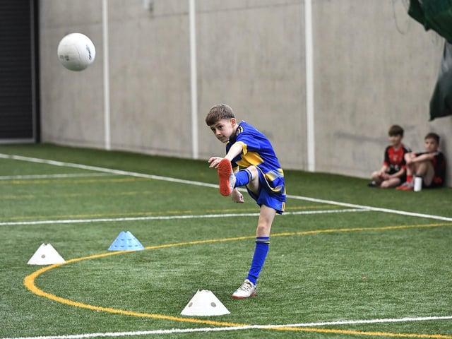 Primary School pupil taking part in the Cumann na mBunscoil skills test at Sean Dolans GAC on Friday. Photo: George Sweeney