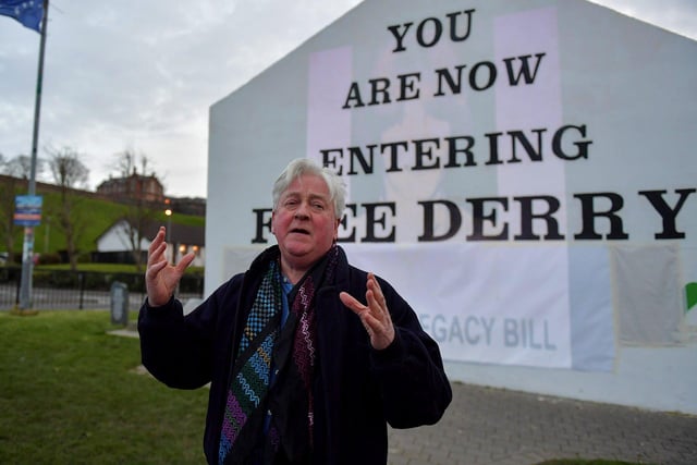 Paul O'Connor, Pat Finucane Centre, speaking at the protest against the British government’s controversial Legacy Bill at Free Derry Wall on Monday evening. Organised by the Bloody Sunday Trust and the Pat Finucane Centre images of 269 victims of state violence were projected onto the Bogside’s iconic monument. Photo: George Sweeney.  DER2313GS – 03