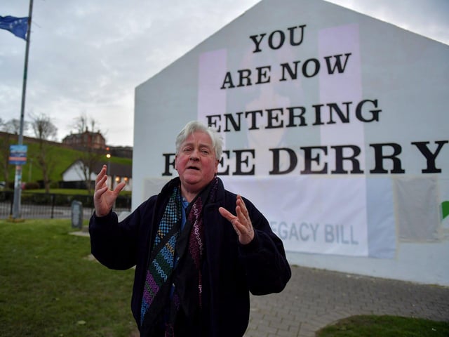 Paul O'Connor, Pat Finucane Centre, speaking at the protest against the British government’s controversial Legacy Bill at Free Derry Wall on Monday evening. Organised by the Bloody Sunday Trust and the Pat Finucane Centre images of 269 victims of state violence were projected onto the Bogside’s iconic monument. Photo: George Sweeney. DER2313GS – 03