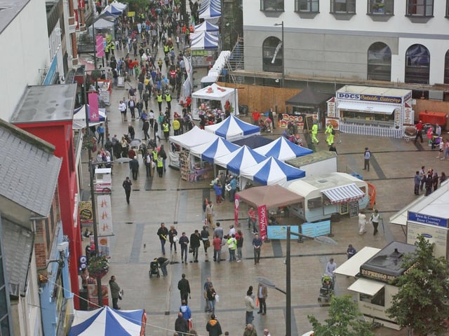 The scene at Waterloo Place leading to Guildhall Square yesterday afternoon as crowds increased in the city during the Fleadh celebrations. DER3313JM089