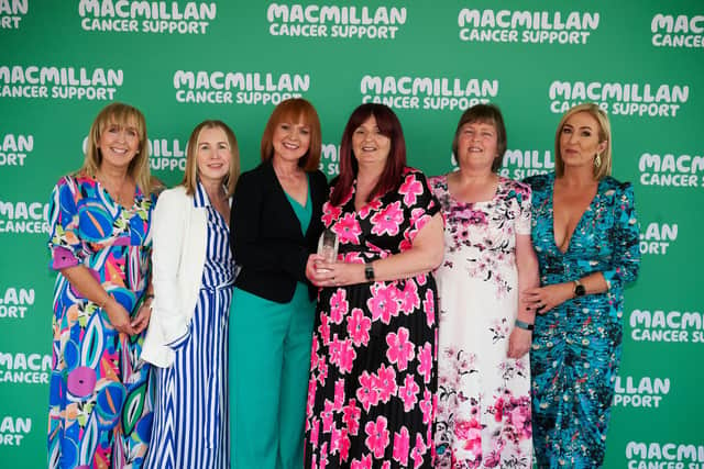 Michelle McCaughley from Lurgan,, Donna Breslin, Maura McClean (Macmillan Cancer Support) from Omagh, Patricia Prosser from DunmurryBernie McNamee from Newtownstewart and Leanne McConnell from Belfast accepting their award.