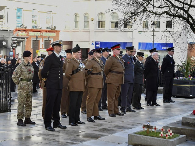 Representatives of the military and civil services at the Royal British Legion Waterside Remembrance Sunday held at the Cenotaph in the Diamond. Photo: George Sweeney