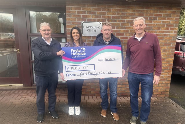 Foyle Hospice would like to thank the kind men from Glen Bar Golf Society who donated a brilliant total of £1,500 through various fundraising events. Pictured are: Terry Cassidy, Liz McGrotty (Foyle Hospice) Scott Kennedy and Barton Curry.
