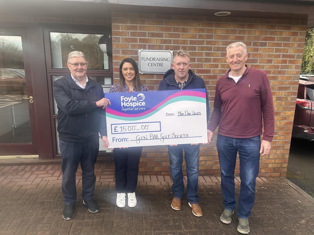 Foyle Hospice would like to thank the kind men from Glen Bar Golf Society who donated a brilliant total of £1,500 through various fundraising events. Pictured are: Terry Cassidy, Liz McGrotty (Foyle Hospice) Scott Kennedy and Barton Curry.