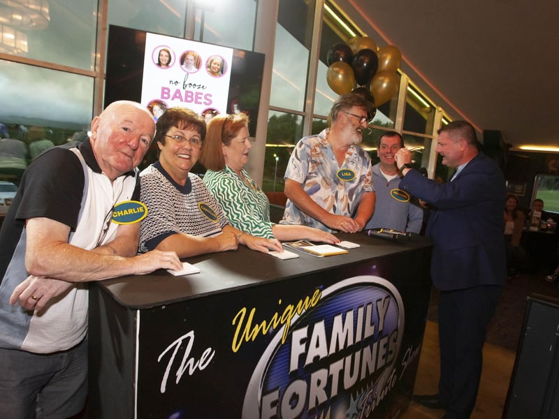 Quizmaster Conga checks his specs to see if ‘Lisa’ really has a beard!. . . . Included from left are Charlie McConway, Caroline McConway, Angela Tyre, Sean ‘Lisa’ Hegarty and Michael Tyre. 
