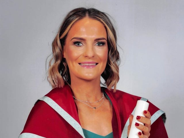 Dr. Christina Mallett was pictured recently at her graduation from Queens University Belfast with a Doctorate in Clinical Psychology. Christina is a former pupil of Galliagh Nursery, Holy Family Primary and Lumen Christi College. She has recently taken up a post as a clinical psychologist within the WHSCT. Christina is the daughter of Frances and John Mallett, and the granddaughter of Mrs. Bernie Mallett and the late Mr. John Mallett from Whitehouse Park and the late Paddy and Kitty Lafferty from Carnhill.