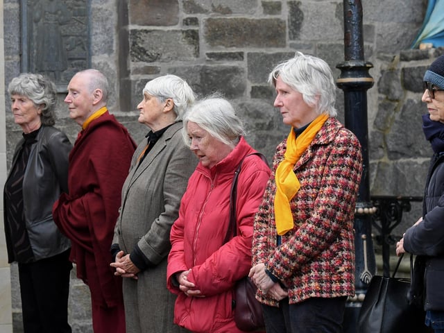Mourners at the funeral of journalist and activist Nell McCafferty at the Long Tower Church on Friday afternoon.  Photo: George Sweeney
