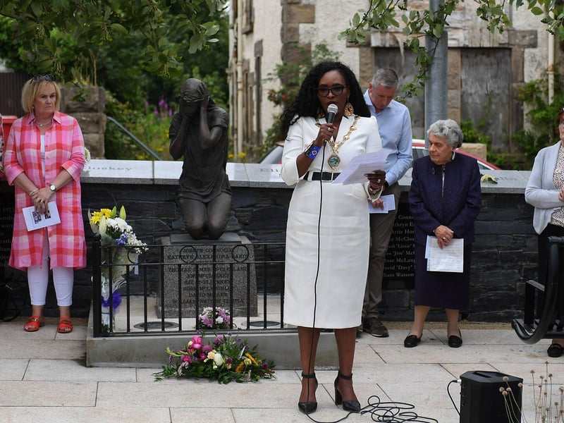 Mayor Lilian Seenoi Barr speaking at a service in Claudy marking the 52nd anniversary of the car bombings that killed nine people and injured 30 others. Photo: George Sweeney