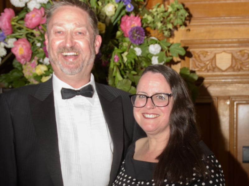 The Mayor Councillor Patricia Logue hosted the annual Mayor’s Ball in the Guildhall in aid of her crossed Charities the Foyle Hospice and Ryan McBride Foundation. Pictured at the event are guests, Steve and Carole Frazer. Picture Martin McKeown. 24.05.24