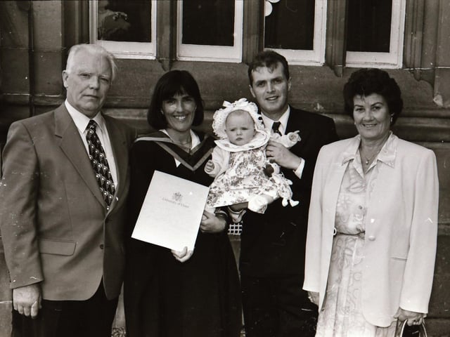 Photographs of students, professors, and proud parents during the Magee graduations in June 1995.