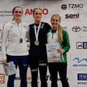 Gemma Thompson (right) who claimed the bronze medal in the W35 60m sprint at the European Masters' Indoor Championships