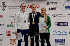 Gemma Thompson (right) who claimed the bronze medal in the W35 60m sprint at the European Masters' Indoor Championships