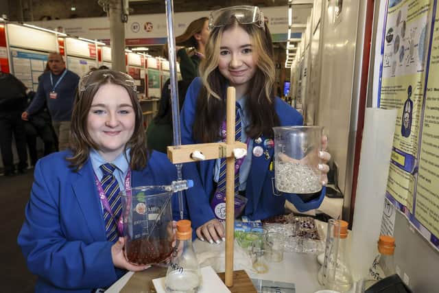 Pictured at a previous showcase were Rebecca Connolly and Nikitta Morrison from St Mary's College, Derry and their project 'Investigating hydrogels as a drug delivery system part III" at the BT Young Scientist & Technology Exhibition 2024 in the RDS Dublin. Fennell Photography