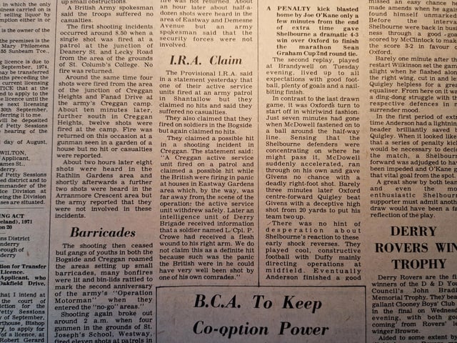 "The Provisional I.R.A said in a statement yesterday that one of their active service units fired at an army patrol in Shantallow but they claimed no hits and said they suffered no casualties." From the 1974 paper.