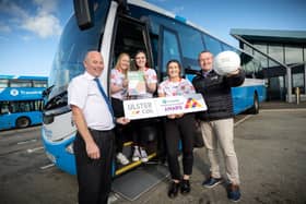 Stephen Willis, Translink Senior Inspector, Aine Flynn, Cara Murray and Aisling Kennedy from the Oakleaf Lions, and Ciaran McLaughlin, Ulster GAA President.