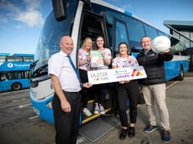Stephen Willis, Translink Senior Inspector, Aine Flynn, Cara Murray and Aisling Kennedy from the Oakleaf Lions, and Ciaran McLaughlin, Ulster GAA President.