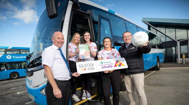 Stephen Willis, Translink Senior Inspector, Aine Flynn, Cara Murray and Aisling Kennedy from the Oakleaf Lions, and Ciaran McLaughlin, Ulster GAA President.