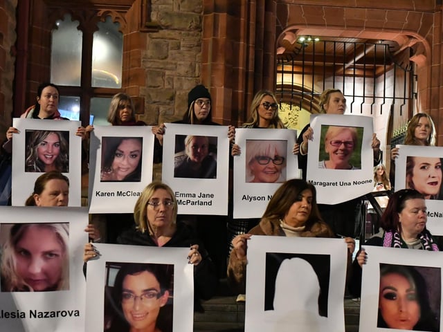 Photographs of women who lost their lives through violence during the past four years displayed at the Rally for Women's Safety held in the Guildhall Square on Friday evening. Photo: George Sweeney