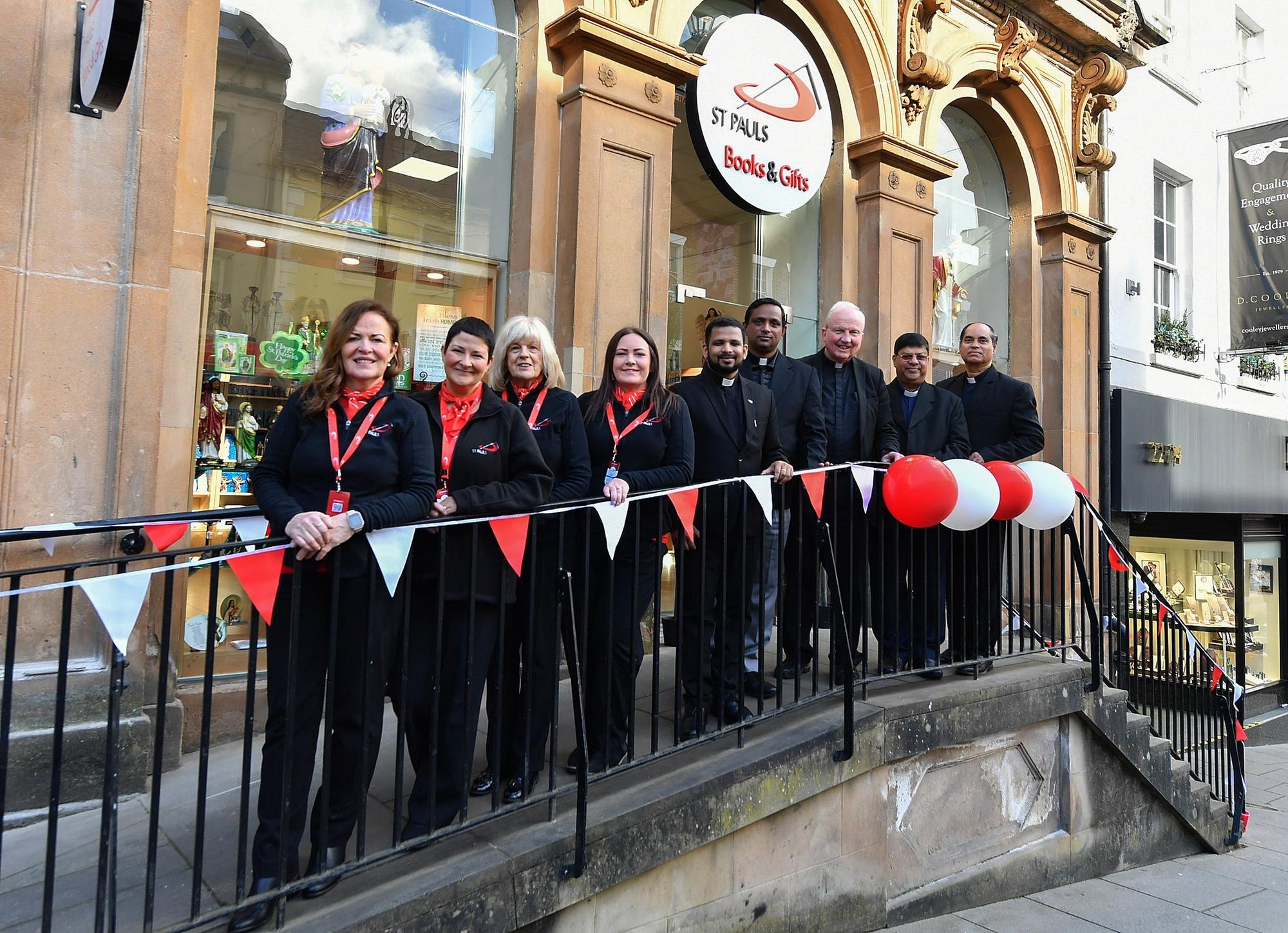 Pictured at the official opening of St Paul’s book and gift shop on Shipquay Street are, from left, are staff members Marie Brown (manager), Margaret Devlin, Geraldine Carlin and Catrina Saunders, Fr. Thomas, Fr. Sebastian, Dr Donal McKeown, Bishop of Derry, Fr. Gilbert and Fr. Paul.  Photo: George Sweeney