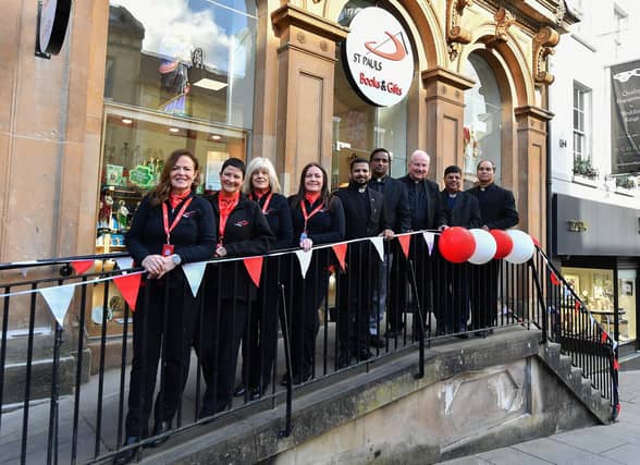 Pictured at the official opening of St Paul’s book and gift shop on Shipquay Street are, from left, are staff members Marie Brown (manager), Margaret Devlin, Geraldine Carlin and Catrina Saunders, Fr. Thomas, Fr. Sebastian, Dr Donal McKeown, Bishop of Derry, Fr. Gilbert and Fr. Paul. Photo: George Sweeney