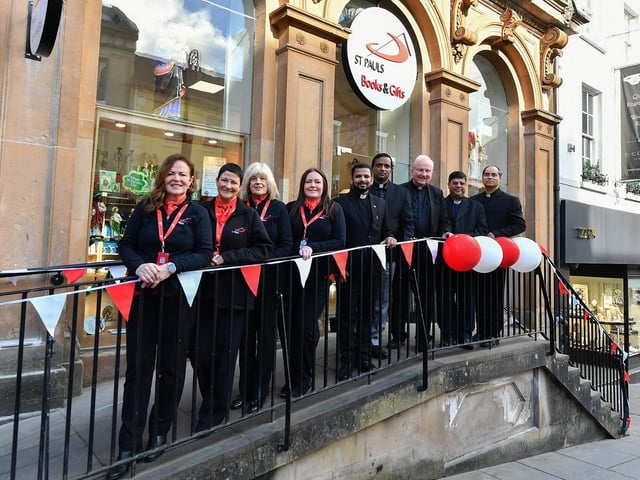 Pictured at the official opening of St Paul’s book and gift shop on Shipquay Street are, from left, are staff members Marie Brown (manager), Margaret Devlin, Geraldine Carlin and Catrina Saunders, Fr. Thomas, Fr. Sebastian, Dr Donal McKeown, Bishop of Derry, Fr. Gilbert and Fr. Paul.  Photo: George Sweeney
