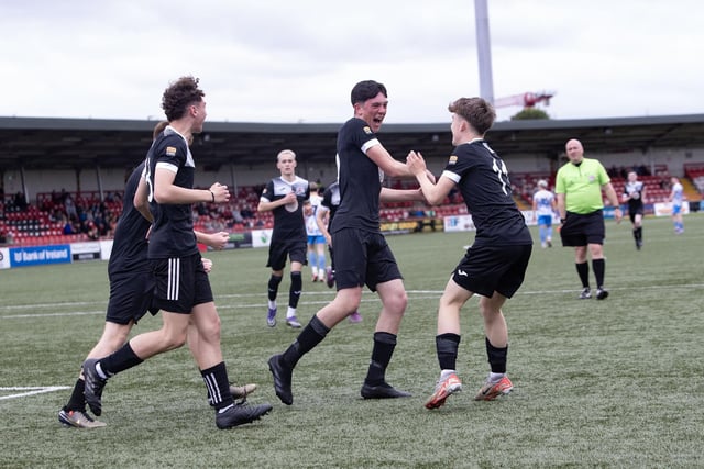 Maiden City Soccer players celebrate their opening score in Saturday's Foyle Cup u-16 final at Brandywell. (Photos: Jim McCafferty Photography)