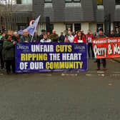 Trade unionists, politicians and supporters gathered recently outside BBC Radio Foyle, on Northland Avenue, protesting against proposed cuts to jobs and services by BBC Northern Ireland as part of a cost-cutting and restructuring project. Photo: George Sweeney. DER2248GS – 41