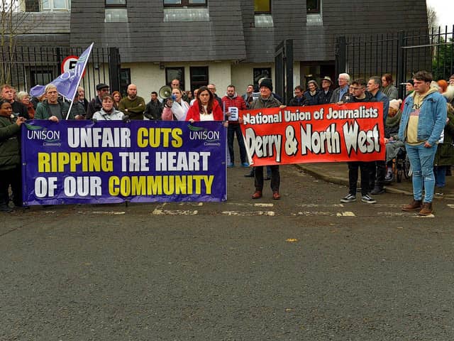 Trade unionists, politicians and supporters gathered recently outside BBC Radio Foyle, on Northland Avenue, protesting against proposed cuts to jobs and services by BBC Northern Ireland as part of a cost-cutting and restructuring project. Photo: George Sweeney. DER2248GS – 41