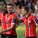 Derry City players Sadou Diallo, Michael Duffy and Brandon Kavanagh celebrate Derry City’s win over KuPs FC. Photo: George Sweeney. DER2330GS -