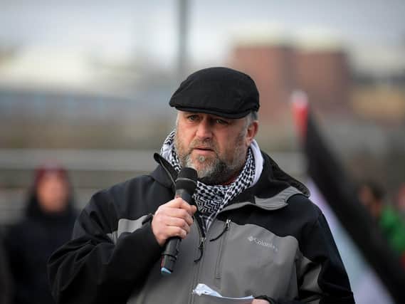 Colr. Gary Donnelly speaking at the march and rally on Saturday afternoon, calling for a ceasefire in Gaza. Photo: George Sweeney