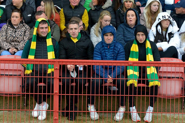 Fans of Watty Graham’s, Glen pictured at the SFC final game against Slaughtneil, in Celtic Park, on Sunday afternoon.  DER2243GS – 010