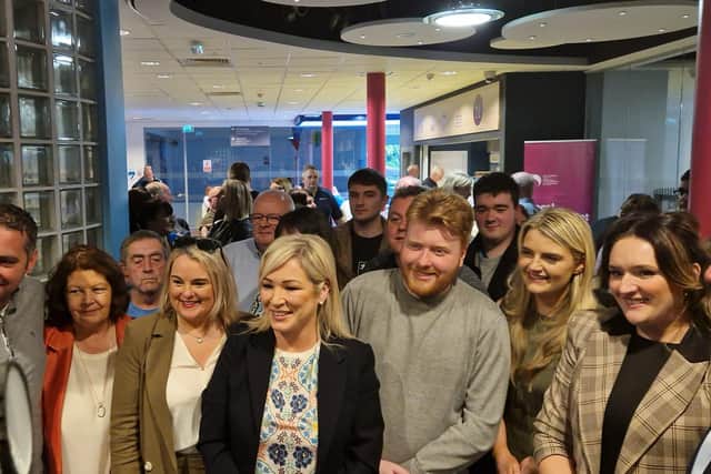 First Minister designate Michelle O'Neill at Foyle Arena with some of the newly elected Councillors.