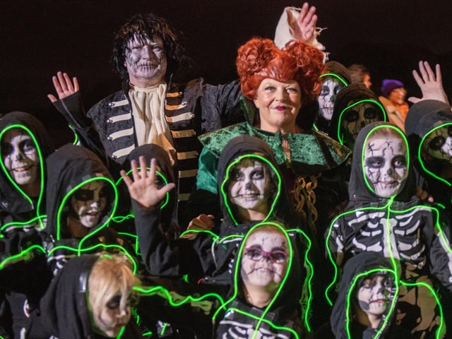 The Mayor Councillor Patricia Logue who with members of her family met with some of the Halloween Carnival Parade participants ahead of the event which the First Citizen led along the banks of the River Foyle. Picture Martin McKeown. 31.10.23