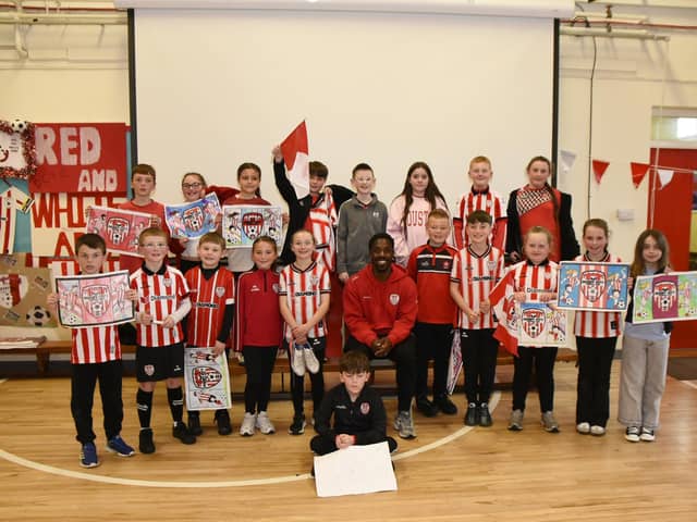 Derry City Football Player Kevin dos Santos is the special guest for Rosemount Primary Schools Red & White Day.(Photos-Kerrie Quinn, nwpresspics)