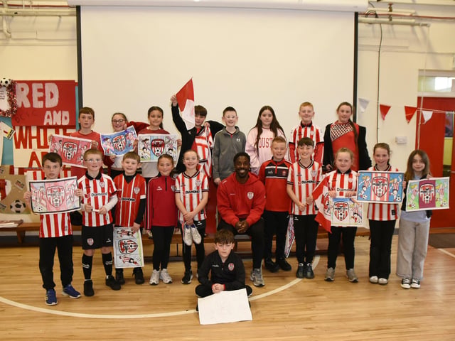 Derry City Football Player Kevin dos Santos is the special guest for Rosemount Primary Schools Red & White Day.(Photos-Kerrie Quinn, nwpresspics)