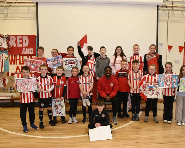 Derry City Football Player Kevin dos Santos is the special guest for Rosemount Primary Schools Red & White Day.(Photos-Kerrie Quinn, nwpresspics)