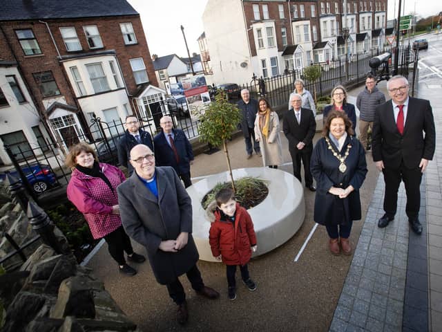 The Mayor of Derry City and Strabane District Council, Patricia Logue, pictured at Saturday's Clooney Terrace Cannon Regeneration Project Launch at All Saints Church, Waterside. Included are those involved in the project, local politicians and clergy. (Photos: Jim McCafferty Photography)