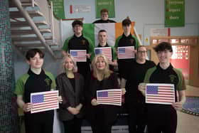 OFF TO AMERICA!. . . Mrs. Ciara Deane, Principal, St. Joseph's Boys School pictured with staff members Ciara McCallion and Melissa Grant and Year 13 students who will be heading to New York on Wednesday next for a six day visit to take part in the Loukoumi Foundation's Good Deed Summit. The students going are Tristan Doran, Jude White, Liam Collins, Harley Nixon, Kian Mitchell, Jordan Kelly and Callum Higgins. (Photos: Jim McCafferty Photography)