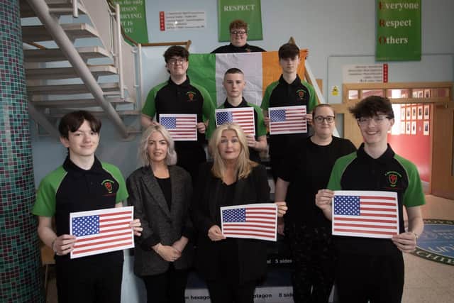 OFF TO AMERICA!. . . Mrs. Ciara Deane, Principal, St. Joseph's Boys School pictured with staff members Ciara McCallion and Melissa Grant and Year 13 students who will be heading to New York on Wednesday next for a six day visit to take part in the Loukoumi Foundation's Good Deed Summit. The students going are Tristan Doran, Jude White, Liam Collins, Harley Nixon, Kian Mitchell, Jordan Kelly and Callum Higgins. (Photos: Jim McCafferty Photography)