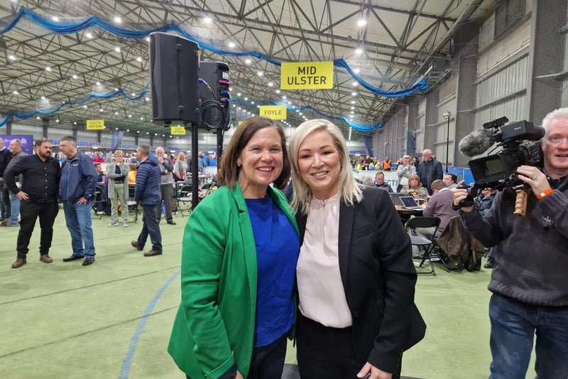 Sinn Féin party leader Mary Lou McDonald and First Minister Michelle O'Neill pose for the Journal at the Count Centre.